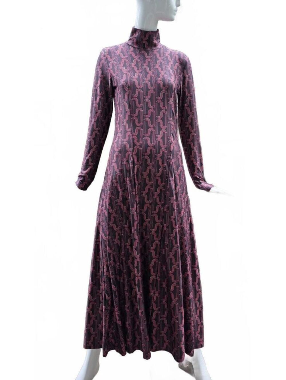 Reserved Geometric Mock Neck Maxi Dress Long Sleeve Retro Burgundy Plum M